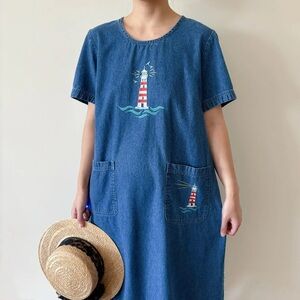Blue Denim Dress with Lighthouse Embroidery